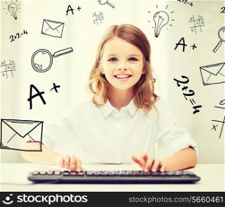 education, school and future technology concept - little student girl with keyboard and imaginary screen at school