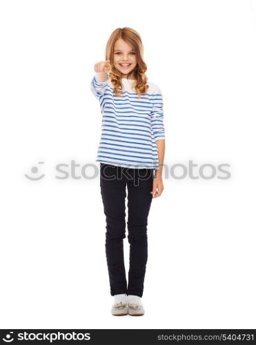 education, school and gesture concept - cute little girl pointing at you or imaginary screen