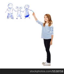 education, school and happy people concept - cute little girl drawing family in the air