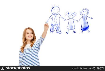 education, school and happy people concept - cute little girl drawing family in the air