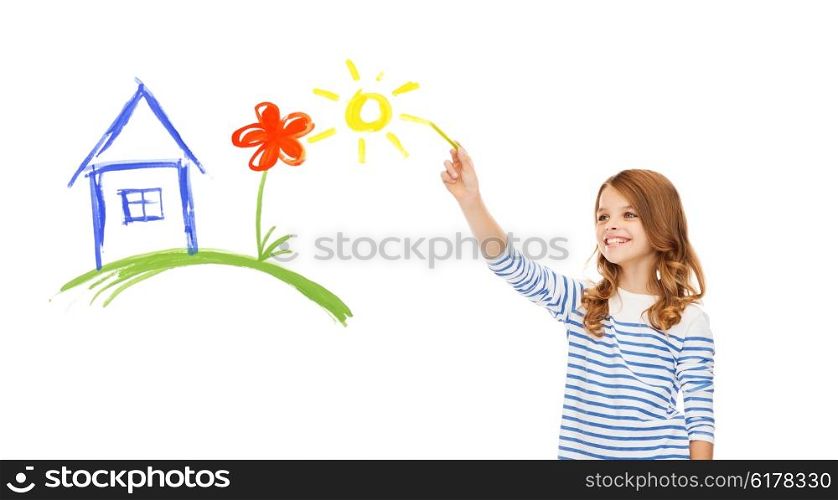 education, school and happy people concept - cute little girl drawing house, flower and sun in the air