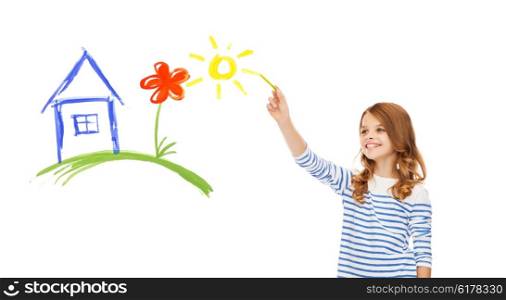 education, school and happy people concept - cute little girl drawing house, flower and sun in the air