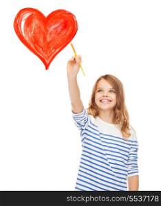 education, school and imaginary screen concept - cute little girl drawing heart with brush
