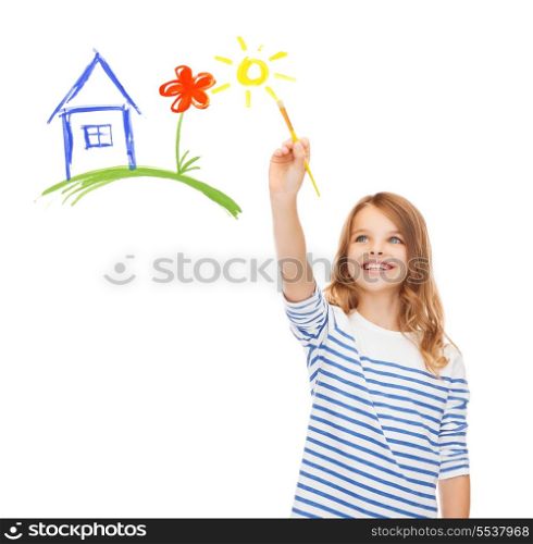 education, school and imaginary screen concept - cute little girl drawing house with brush