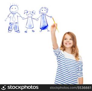 education, school and imaginary screen concept - cute little girl drawing with brush family portrait