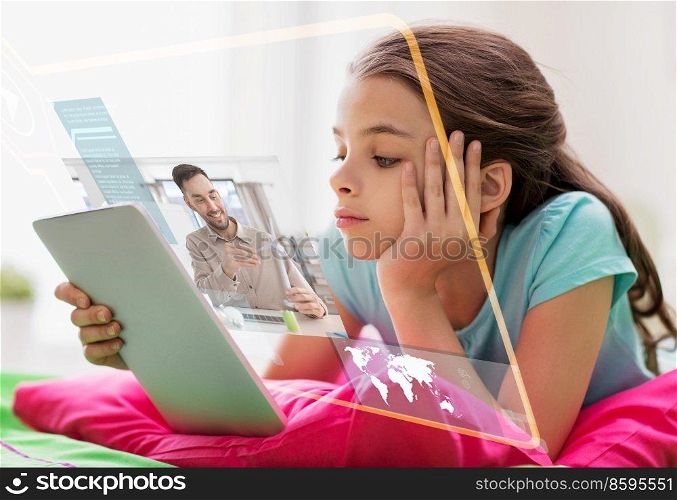 education, school and technology concept - bored student girl with tablet pc and teacher on virtual screen learning online at home. bored girl with tablet pc learning online at home
