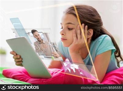 education, school and technology concept - bored student girl with tablet pc and teacher on virtual screen learning online at home. bored girl with tablet pc learning online at home