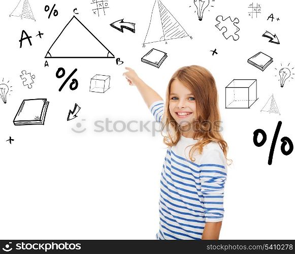 education, school and technology concept - cute little girl pointing to triangle on virtual screen