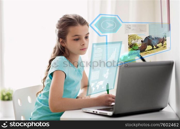 education, school and technology concept - girl with laptop computer and hologram projection learning nature online at home. girl with laptop learning nature online at home
