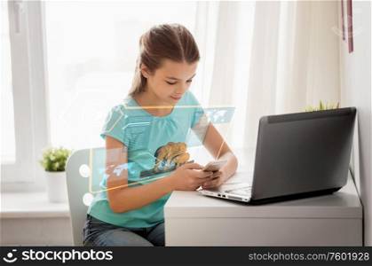 education, school and technology concept - girl with smartphone, hologram projection and laptop computer learning nature online at home. girl with cellphone studying nature online at home