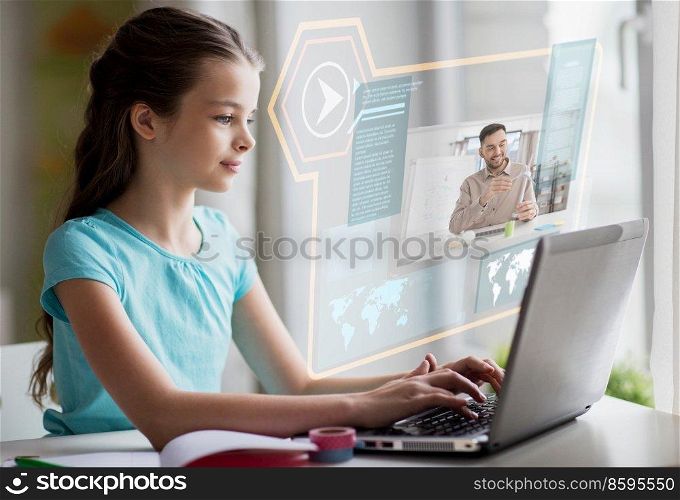 education, school and technology concept - happy student girl with laptop computer and teacher on virtual screen learning online at home. student girl with laptop learning online at home