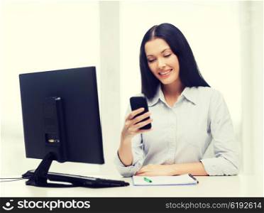 education, school, business, communication and technology concept - smiling businesswoman or student with computer and smartphone texting