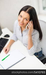 education, school, business, communication and technology concept - smiling businesswoman or student with smartphone and computer