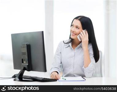 education, school, business, communication and technology concept - smiling businesswoman or student with smartphone talking