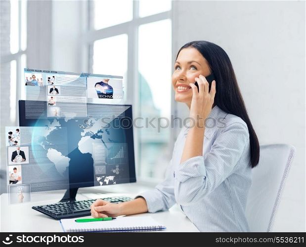 education, school, business, communication and technology concept - smiling businesswoman or student with smartphone talking