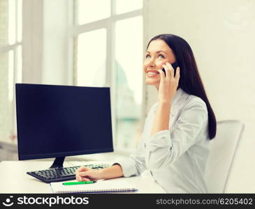 education, school, business, communication and technology concept - smiling businesswoman or student with smartphone talking