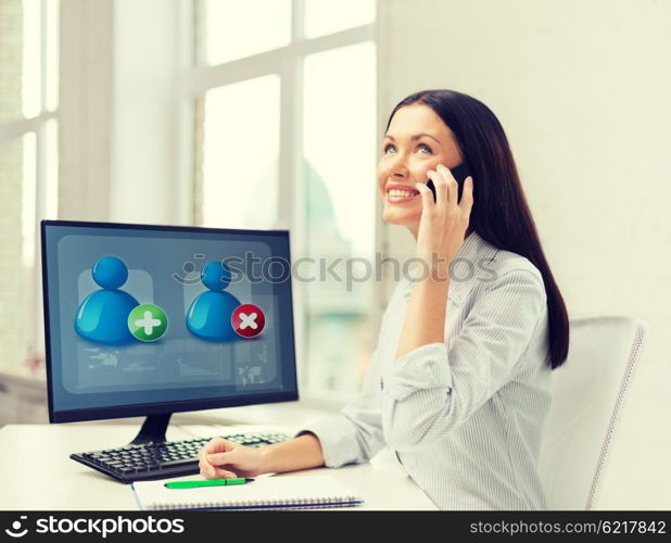 education, school, business, communication and technology concept - smiling businesswoman or student with smartphone talking