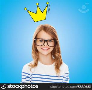education, school, children and vision concept - smiling little girl with black eyeglasses over blue background with crown doodle