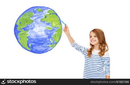 education, school, earth day and happy people concept - cute little girl drawing planet earth in the air