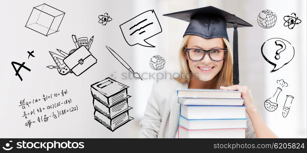 education, school, graduation and people concept - happy student girl or woman in graduation cap with stack of books over doodles