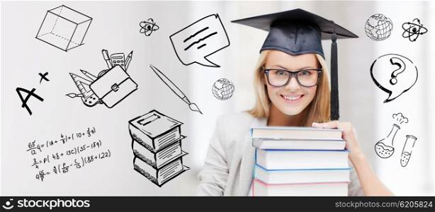 education, school, graduation and people concept - happy student girl or woman in graduation cap with stack of books over doodles