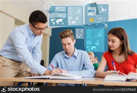 education, school, learning, teaching and people concept - group of students and teacher talking in classroom over virtual screens with statistics charts. group of students and teacher at school classroom