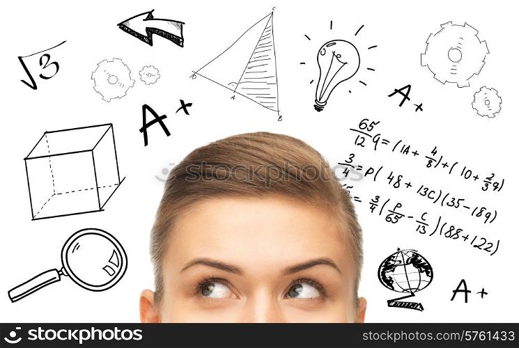 education, school, mathematics and people concept - close up of woman looking up to mathematical doodles