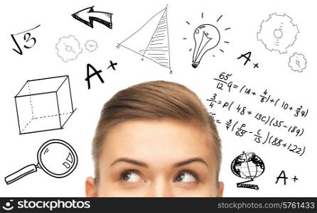 education, school, mathematics and people concept - close up of woman looking up to mathematical doodles