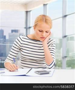 education, school, people and business concept - young woman with notebook and calculator over office window background