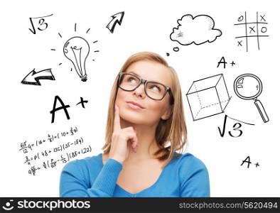 education, school, people and gesture concept - smiling woman in glasses thinking or dreaming