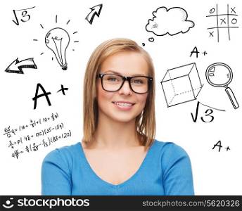 education, school, people, eyewear and knowledge concept - smiling woman in glasses thinking