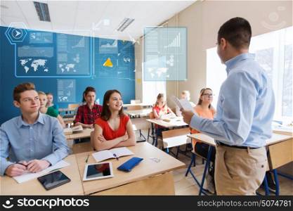 education, school, statistics and people concept - group of happy students and teacher with papers or tests over virtual screens with charts. group of students and teacher with papers or tests