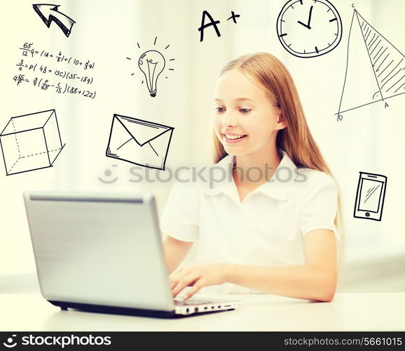 education, school, technology and internet concept - little student girl with laptop pc at school