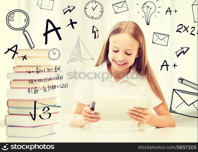 education, school, technology and internet concept - little student girl with tablet pc and books at school