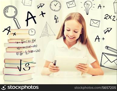 education, school, technology and internet concept - little student girl with tablet pc and books at school
