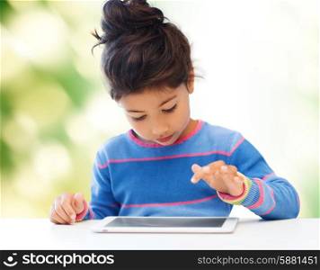 education, school, technology and internet concept - little student girl with tablet pc at home over green background