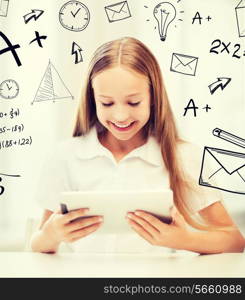 education, school, technology and internet concept - little student girl with tablet pc at school