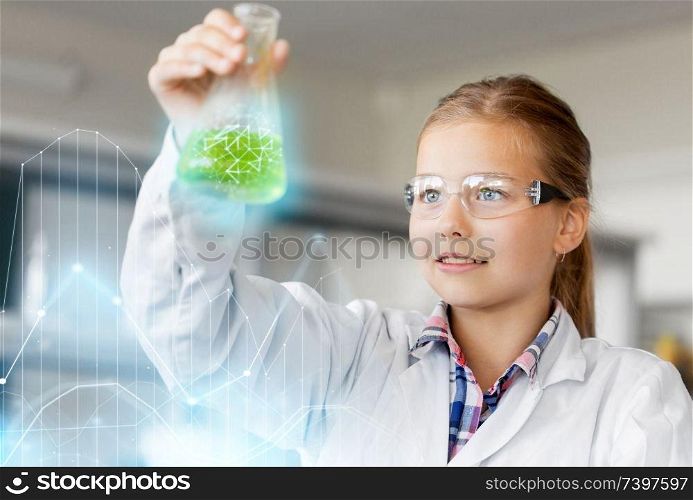education, science and children concept - girl in goggles with test tube studying chemistry at school laboratory. girl with test tube studying chemistry at school