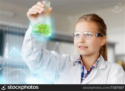 education, science and children concept - girl in goggles with test tube studying chemistry at school laboratory. girl with test tube studying chemistry at school
