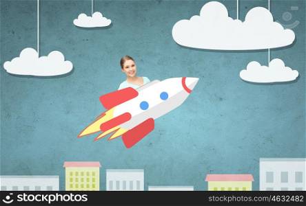 education, startup, development and people concept - happy young woman or teen student girl flying on rocket above cartoon city