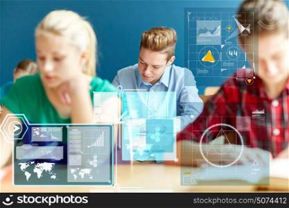 education, statistics and people concept - group of students with books writing school test over virtual screens with charts. group of students with books writing school test