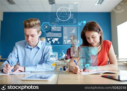 education, statistics and people concept - group of students with books writing school test over virtual screens with charts. group of students with books writing school test