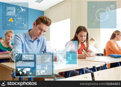 education, statistics and people concept - group of students with books writing school test over virtual screens with charts. group of students with books writing school test. group of students with books writing school test