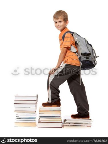 Education success graph - successful schoolboy isolated on white background