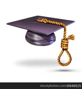 Education suicide concept and learning to prevent suicides symbol as a graduation cap or mortar board with a tassle shaped as a noose knot as a mental health and student stress metaphor with 3D illustration elements.