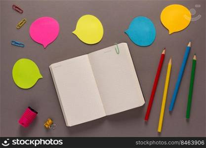 Education supplies and stationary at grey background texture. Back to school concept idea