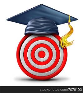 Education target and graduation goal concept as a school graduate mortar cap on a bulls eye object as a learning success strategy icon and metaphor or focused training symbol as a 3D illustration.