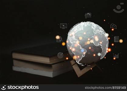 Education Technology and book stack e learning virtual icon concept.. invention innovation bulb business technology l&light connection education electricity businessman holding energy interaction features internet power.