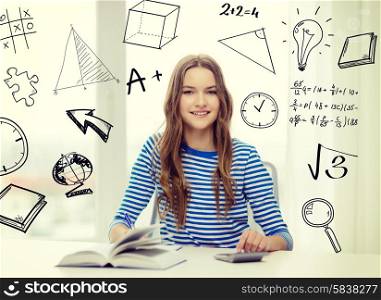 education, technology and home concept - smiling student girl with book, notebook and calculator