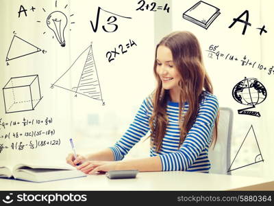 education, technology and home concept - smiling student girl with book, notebook and calculator